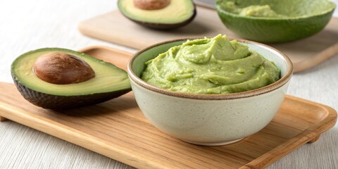 Avocado puree served in a ceramic bowl with fresh pit and peel on a wooden board for a vibrant culinary experience