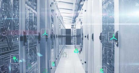 Animation of multiple icons over circuit board pattern on server racks in server room - Powered by Adobe