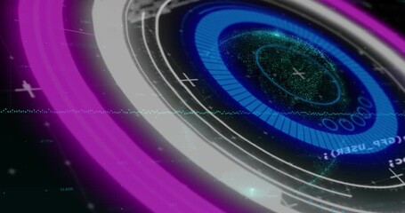 Animation of neon round scanner spinning over data processing against black background - Powered by Adobe