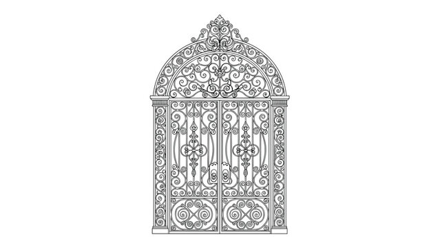 Highly detailed black and white illustration of a vintage, ornate wrought iron gate with intricate floral and scrollwork designs.