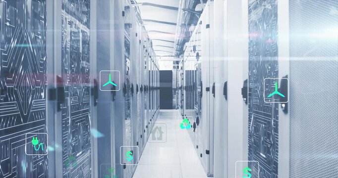 Animation of multiple icons over circuit board pattern on server racks in server room