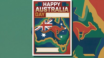 Obraz premium Vibrant happy australia day poster with kangaroo on map and flag background for celebration with national holiday and australian flag and icon and graphic