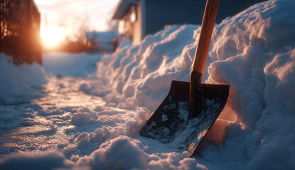 A snow shovel with a wooden handle and metal blade shoveling snow during sunset in a winter yard