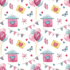 Heart House and balloons Seamless pattern