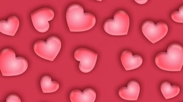 Seamless Valentine heart pattern animation featuring soft 3D pink hearts floating on a red background. Perfect looping video for romantic backgrounds, love themes, and festive visual content.
