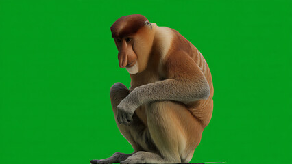 A contemplative monkey sits alone on a green screen background looking down.