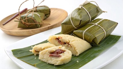 Delicious barbadian conkies made from steamed cornmeal and wrapped in banana leaves for a traditional treat