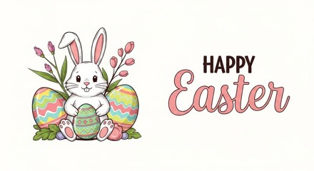 Cute easter bunny with colorful eggs and flowers for holiday greeting card