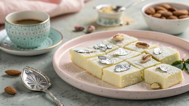 Delicious barfi sweet squares with silver leaf served on a pastel plate alongside coffee and nuts - Powered by Adobe