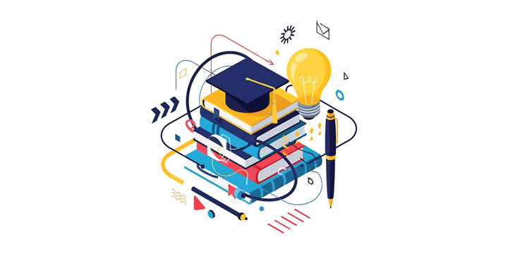 Education Concept Graduation Cap on Stack of Books with Light Bulb and Pen