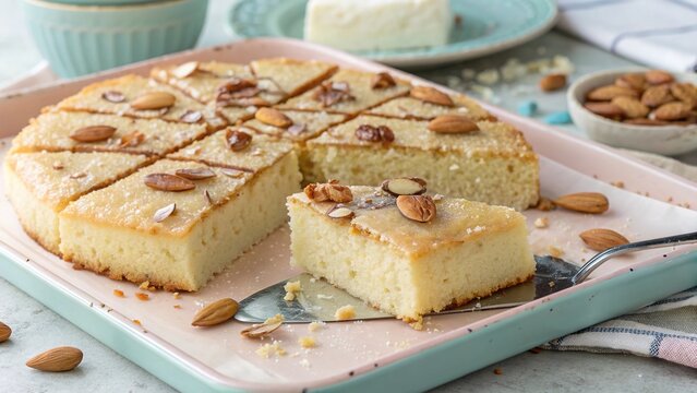 Delicious basbousa semolina cake with almonds served on a pastel tray
