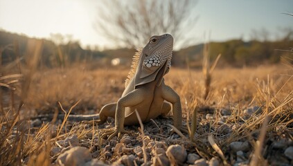 Lizard basking in the warm sunlight on sandy terrain with dried grass and sparse vegetation around