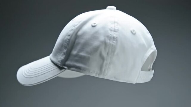 A pristine white baseball cap, levitating in front of a soft gray backdrop