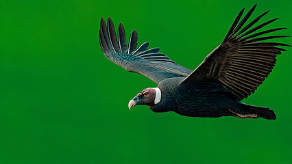 Fototapeta premium A large black bird soars through the clear green sky with outstretched wings.