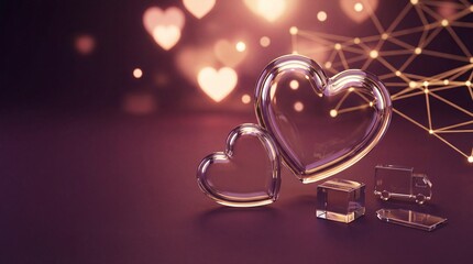 Two transparent glass heart figures of different sizes rest on a matte surface with miniature glass logistics elements under shallow macro depth of field with warm cinematic lighting and a dark burgun