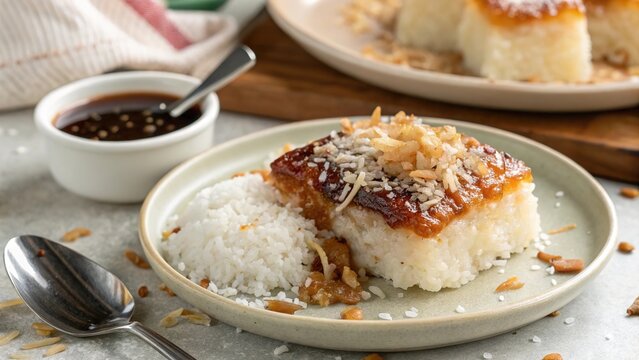Delicious biko sticky rice topped with coconut and a sweet sauce, served in a cozy setting