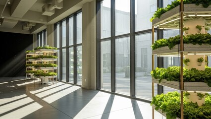 Sustainable urban farming solution showcases vibrant vertical gardens within a luminous modern interior design