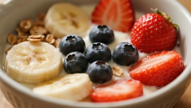 Close-up of a yogurt bowl, paired with strawberries, blueberries, bananas and cereal, showing the texture of healthy light food with bright colors. - Powered by Adobe