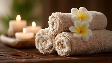 Escape to tranquility. Soft towels, fragrant frangipani, and gentle candlelight create a serene spa experience. Rejuvenate your senses in this soothing sanctuary.