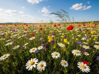 Vibrant wildflower meadow under a bright blue sky with fluffy white clouds