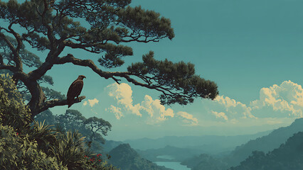 A serene landscape of a bird perched on a tree branch overlooking a vast mountain range with a lake in the distance under a cloudy sky.