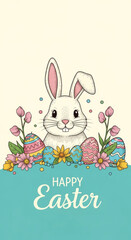 Cute easter bunny with colorful eggs and flowers for holiday celebration design