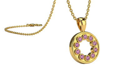 Gold Circle Pendant Necklace with Pink Gemstones