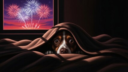 Scared Puppy Hiding Fireworks Cozy Blanket Protects Dog from Celebration.