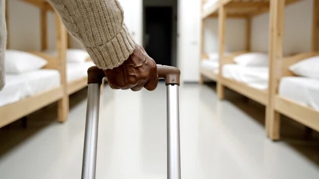 A person pulling a suitcase in a hostel dormitory with bunk beds