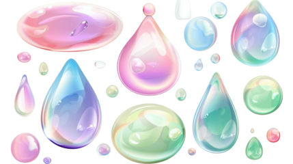 Set of drops water fluid holographic Iridescent isolated on white background