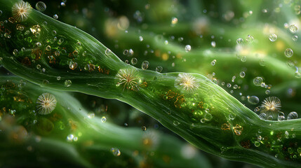 Microscope view of freshwater microalgae blooming. Live green cell structure, unicellular algae with plant protoplast plankton cell. Surface of leaves showing plant cells