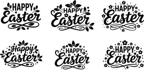 Fototapeta premium Black and white vector art of six different happy easter text designs decorated with leaves and floral elements in symmetrical layout isolated on white background