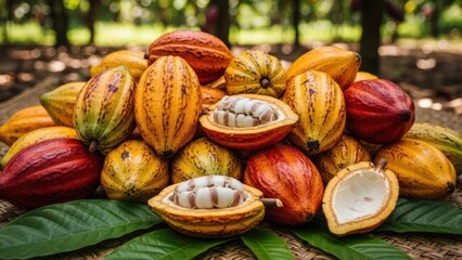 Pile of Fresh Cacao Pods on Leaves.