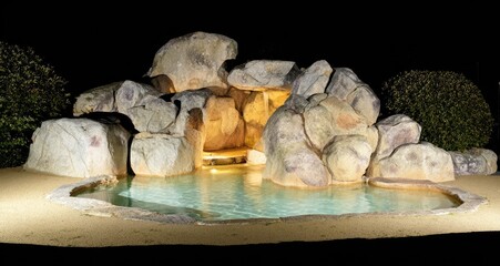 Illuminated Rock Grotto with Pool at Night.