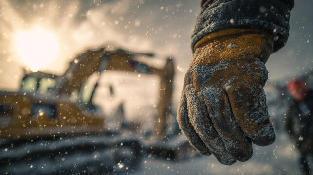 A worker's hand wearing protective gloves standing in a snowy outdoor industrial environment