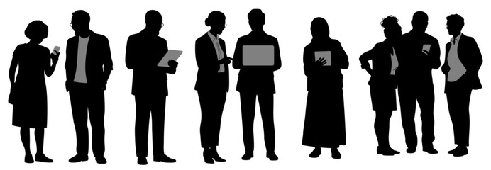Black and white silhouette illustration of business professionals standing in a line, showing modern corporate roles and teamwork. Isolated on transparent background