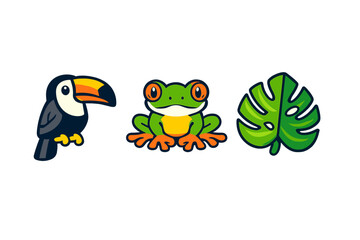 Fototapeta premium Cute Toucan, Frog, and Monstera Leaf Illustration