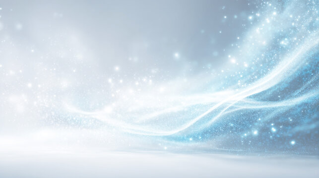 青白い光のラインと粒子が流れる幻想的な抽象背景
