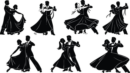 Elegant black silhouette couple dancing ballroom dance various poses formal attire flowing dress partner connection classic style vector art detailed movement emotional expression choreography
