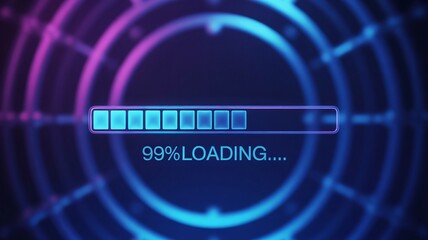 Futuristic loading screen with 99 percent completion status