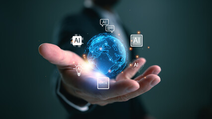 Businessman holding digital globe with AI icons, representing global artificial intelligence, data-driven technology, smart innovation, machine learning, and the future of global transformation.