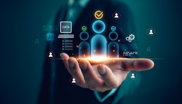 Businessman using AI and data analysis to identify target audience. Concept of customer segmentation, partner profiling, predictive analytics, CRM system, and strategic business intelligence.