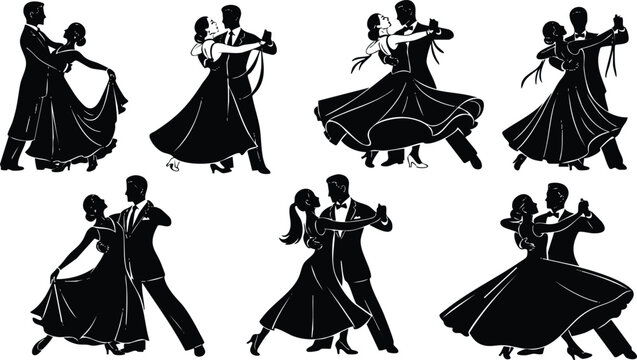 Elegant black silhouette couple dancing ballroom dance various poses formal attire flowing dress partner connection classic style vector art detailed movement emotional expression choreography - Powered by Adobe