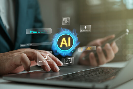 Businessman using laptop and smartphone with futuristic AI interface. Concept of artificial intelligence, AI assistant, machine learning, generative AI tools, automation, and tech innovation. - Powered by Adobe