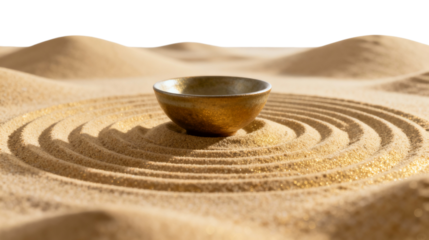 Golden Bowl on Sand with Zen Garden Patterns