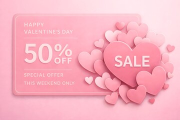 Romantic discount template with soft pink hearts and modern sale typography