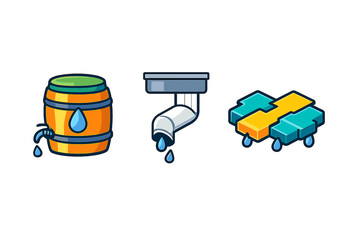 Three isometric icons representing water or liquid resources