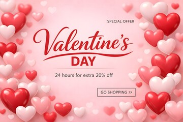 Romantic shopping template for Valentines Day with go shopping button and hearts