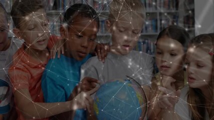 Turquoise-shirt boy pointing at globe peers spinning it exploring geography with network overlay - Powered by Adobe