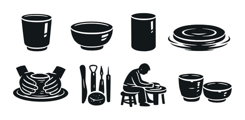 Silhouette icons of pottery tools and craftsman on gray background
